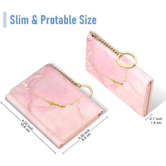 Small Slim RFID Card Wallets for Women Peach Pink Marble - Picture 2 of 6
